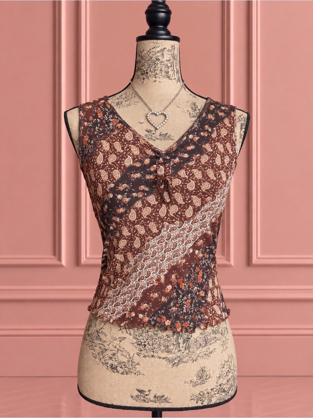 Vintage 90s Brown Floral Paisley Lace V-Neck Sleeveless Top